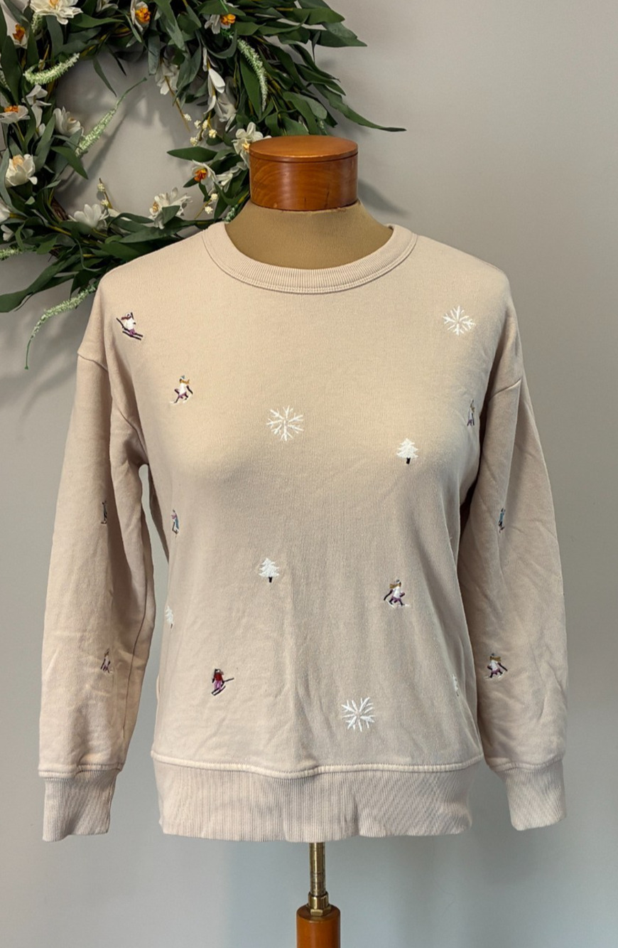Lou & Grey Embroidered Ski Crewneck Sweatshirt Beige, Size Petite S